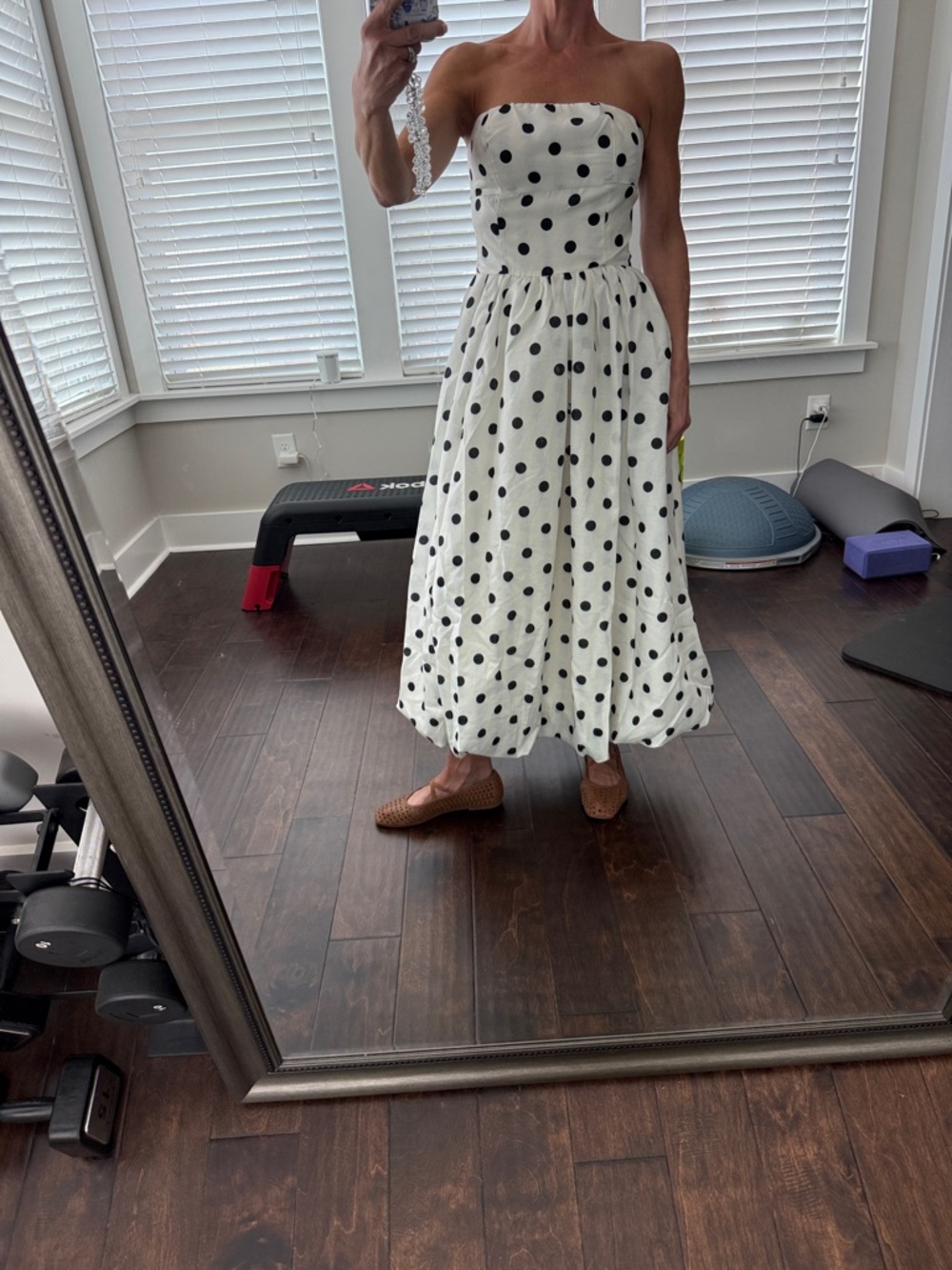 WHITE WITH BLACK POLKADOT STRAPLESS MIDI DRESS
